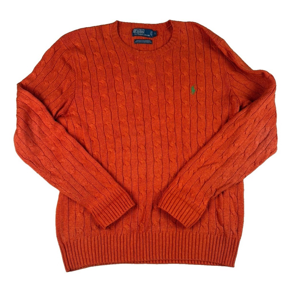 Polo Ralph Lauren Mens L Silk Cashmere Cable Knit Sweater Orange Green Pony